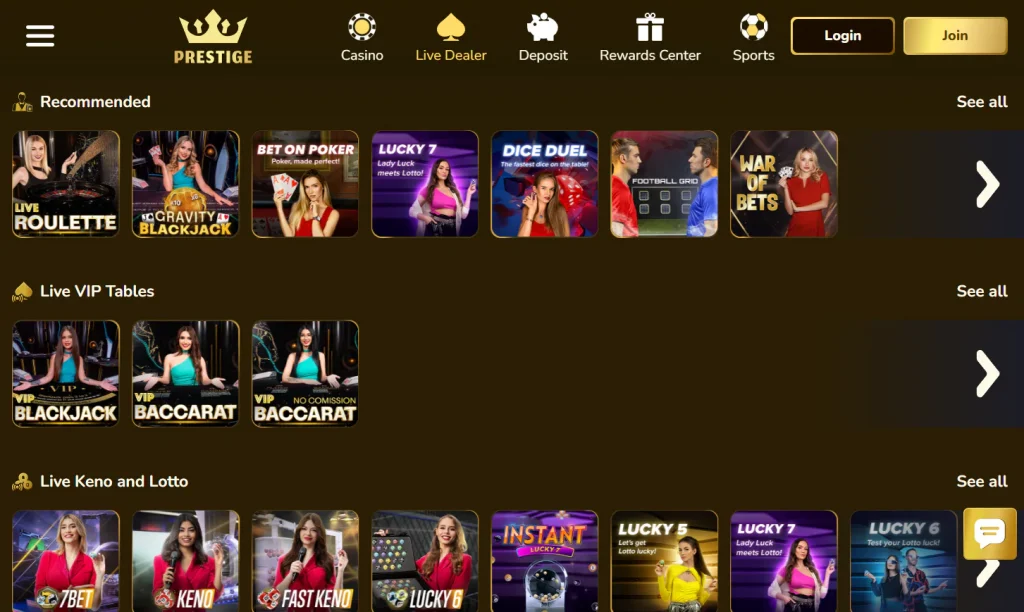 Casino Prestige current live casino lobby image