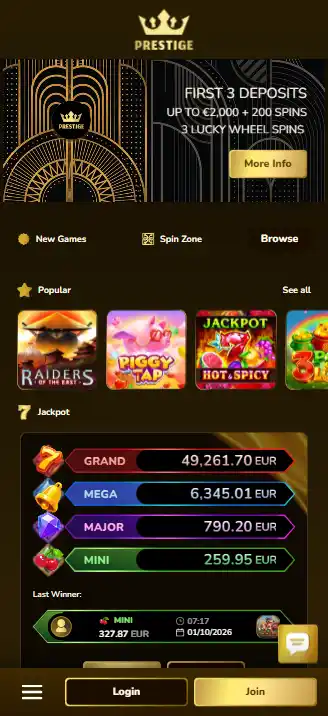 Casino Prestige displayed in a mobile browser