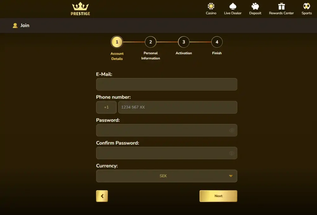Casino Prestige registration screen