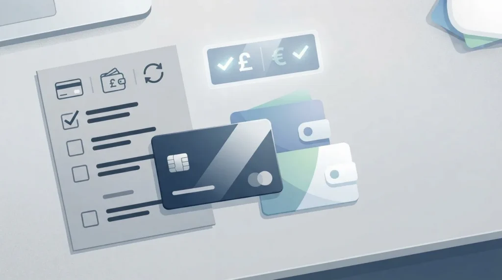 Editorial illustration of a GBP deposit checklist with card and e-wallet cues