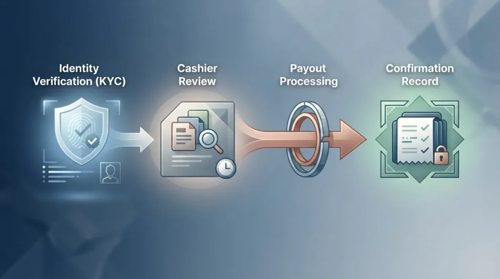 Editorial illustration of a withdrawal checklist with identity verification and payout confirmation cues