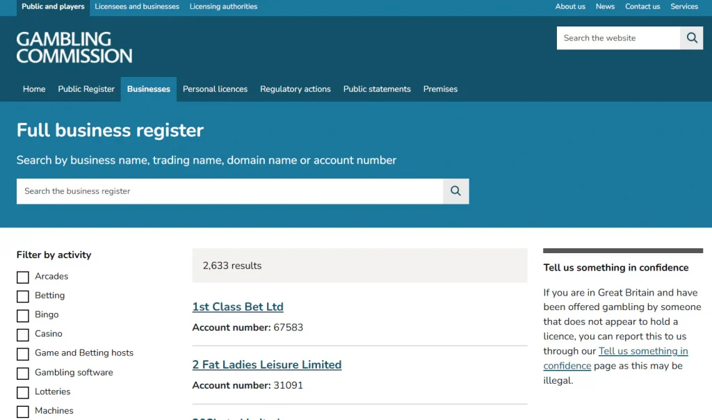 Regulator register information used to check the Prestige Casino operator and licence position